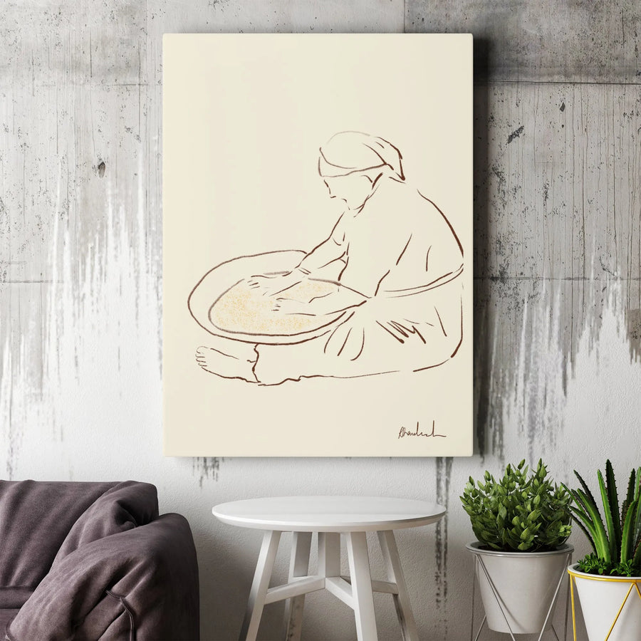 Woman Sifting Grain Canvas Wall Art | Minimalist Line Drawing Sketch | Premium Gallery Wrap 1.25" Depth | Modern Farmhouse Living Room Decor Gift
