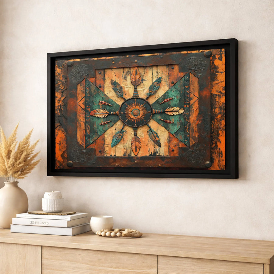 Rustic Southwestern Sun Shield Canvas Wall Art | Tribal Feathers and Geometric Design | Premium Gallery-Wrapped Print | Western Home Decor Gift