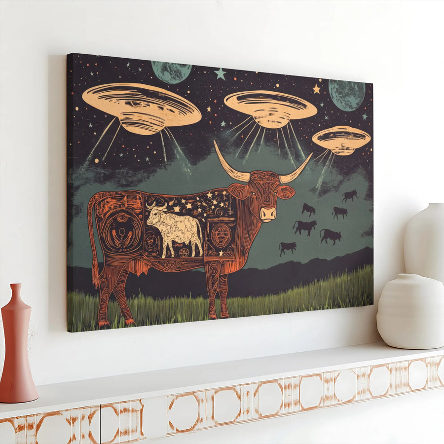 UFO Abduction Canvas Print | Surreal Texas Longhorn Anatomy Art | Gallery Wrapped Premium Wall Decor | Unique Gift for Space & Cow Lovers