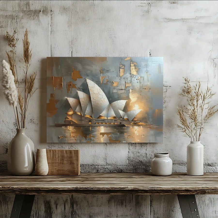 Sydney Opera House Canvas Print | Abstract Gold and Grey Textured Wall Art | Premium Gallery-Wrapped Decor | Travel Lover Office Gift