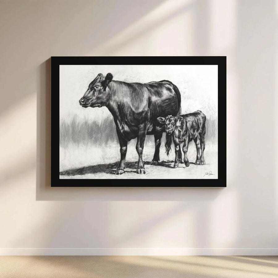 Cow and Calf Canvas Print | Farmhouse Charcoal Animal Sketch | Premium Gallery Wrapped Wall Art | Rustic Farmhouse Decor Gift for Animal Lovers