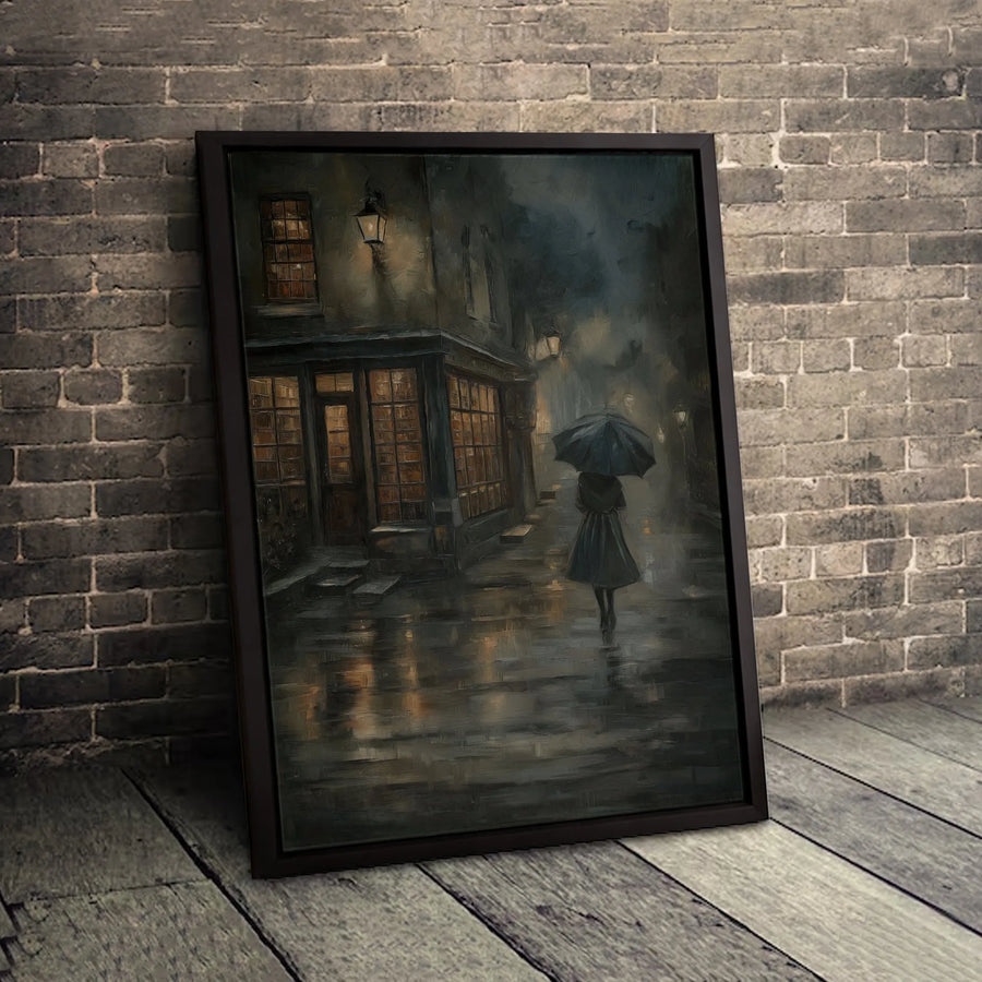 Rainy City Street Wall Art | Melancholic Moody Oil Painting Style | 1.25-inch Premium Canvas | Atmospheric Home Decor Gift for Art Lovers
