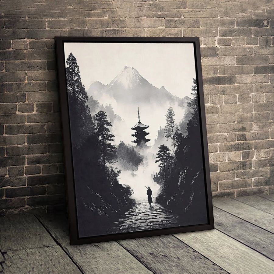 Japanese Samurai Wall Art | Black and White Mountain Pagoda Landscape | Premium Gallery Canvas | Zen Home Office Decor