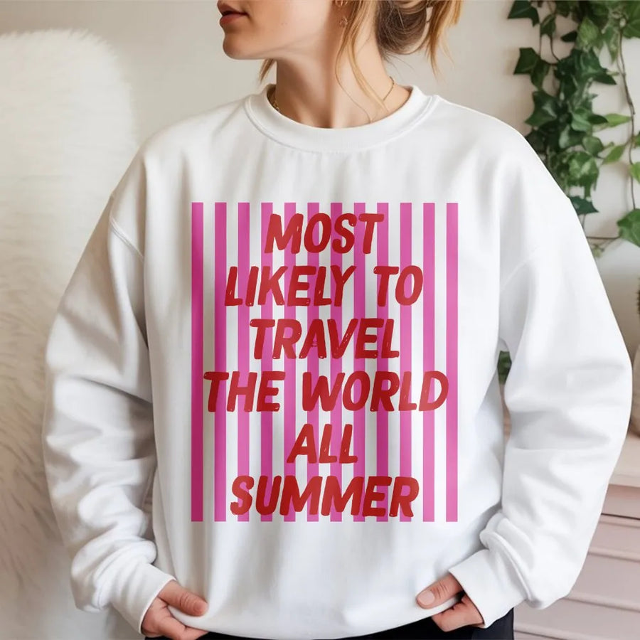 Most Likely To Travel Sweatshirt | Funny Summer Vacation Quote | Soft Cotton Blend Pullover | Matching Group Trip Gift for Travelers