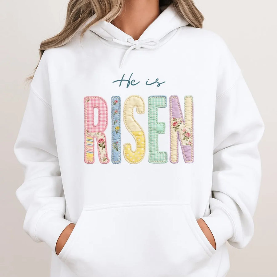 He Is Risen Hoodie | Easter Patchwork Floral Lettering | Premium Cotton Blend | Christian Religious Faith Gift for Women
