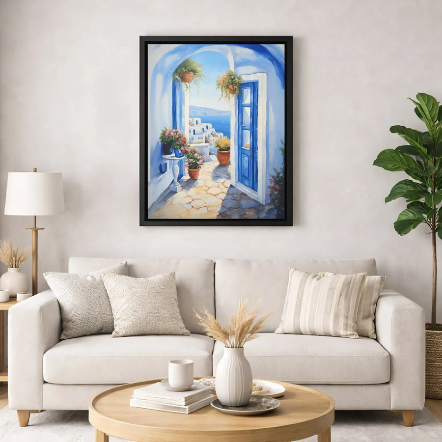 Santorini Greece Canvas Art | Mediterranean Coastal Seascape with Blue Door | Premium Fade-Resistant Gallery Wrap | Elegant Home Decor Wall Art