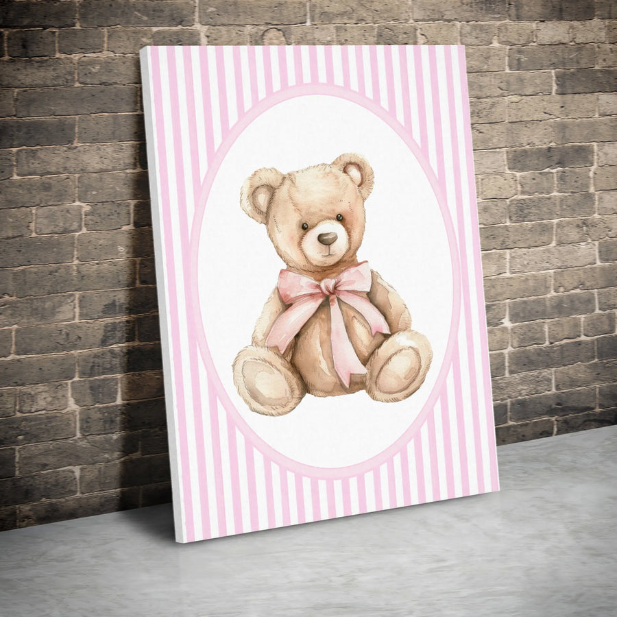 Watercolor Teddy Bear Wall Art | Cute Nursery Decor with Pink Bow | Premium Gallery-Wrapped Canvas Print | Baby Girl Bedroom Gift Idea