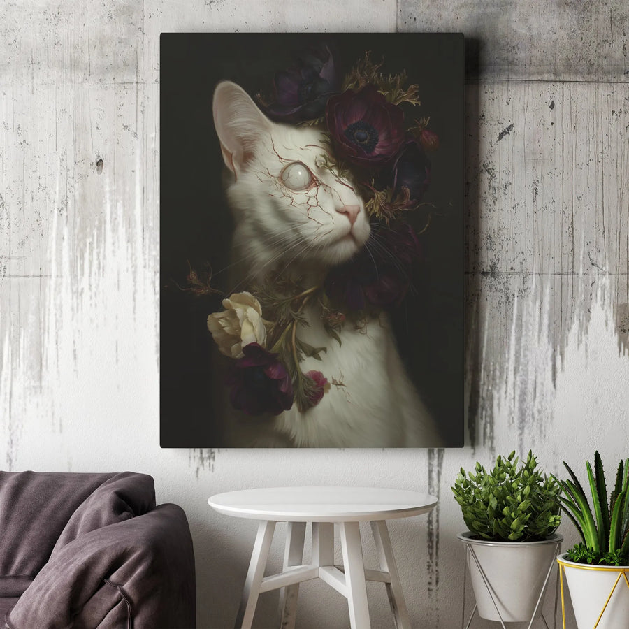 Gothic White Cat Canvas Art | Dark Surreal Floral Portrait | 1.25 Inch Premium Gallery Wrap | Spooky Home Decor Gift for Cat Lovers