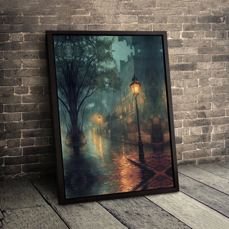 Rainy Night City Street Canvas Art | Glowing Lamppost Streetscape | 1.25" Thick Premium Gallery Wrap | Atmospheric Home & Office Decor Gift