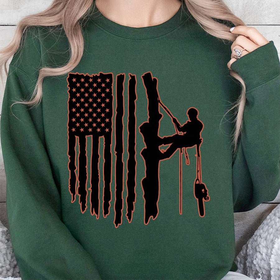 Arborist Tree Climber Sweatshirt | Patriotic American Flag Silhouette Graphic | Premium Cotton-Poly Blend | Professional Logger Gift for Him