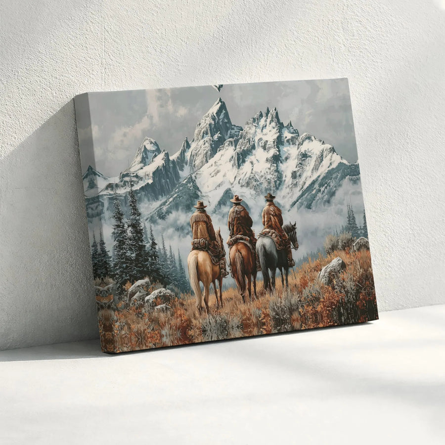 Western Canvas Wall Art | Three Cowboys Riding Into Snow Mountains | Premium Gallery-Wrapped Print | Rustic Home Decor & Cowboy Gift