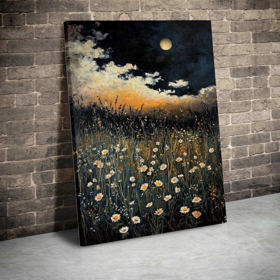 Night Sky Wildflower Field Canvas Art | Full Moon Botanical Landscape Print | Gallery Quality 1.25-Inch Profile | Premium Home Decor Gift