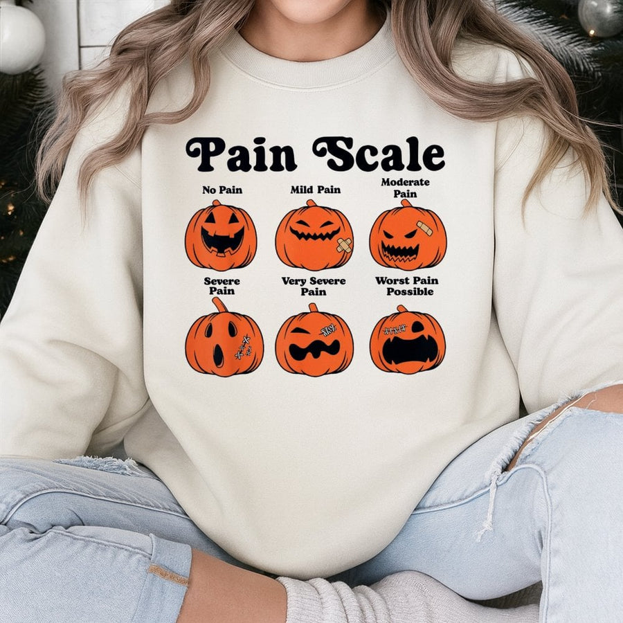 Halloween Pain Scale Pumpkin Sweatshirt | Funny Nurse Fall Graphic Crewneck | Soft Cotton-Blend Apparel | Gift for Nurses RN Student Graduation