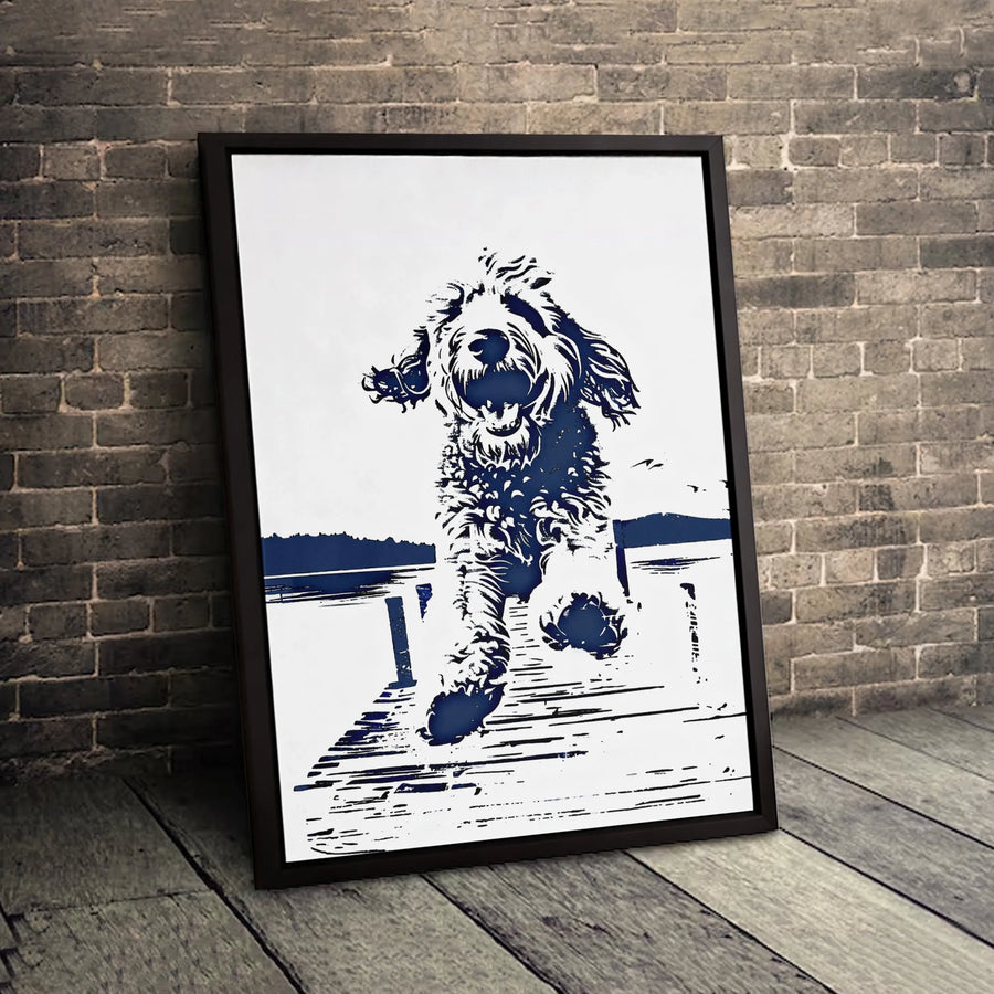 Doodle Dog Wall Art | Running On Dock Silhouette Graphic | Premium Gallery-Wrapped Canvas Print | Modern Pet Lover Home Decor Gift