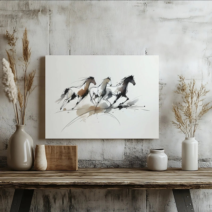 Three Running Horses Canvas Wall Art | Minimalist Ink Wash Abstract Print | 1.25" Premium Gallery Wrap | Modern Home Office Decor Gift