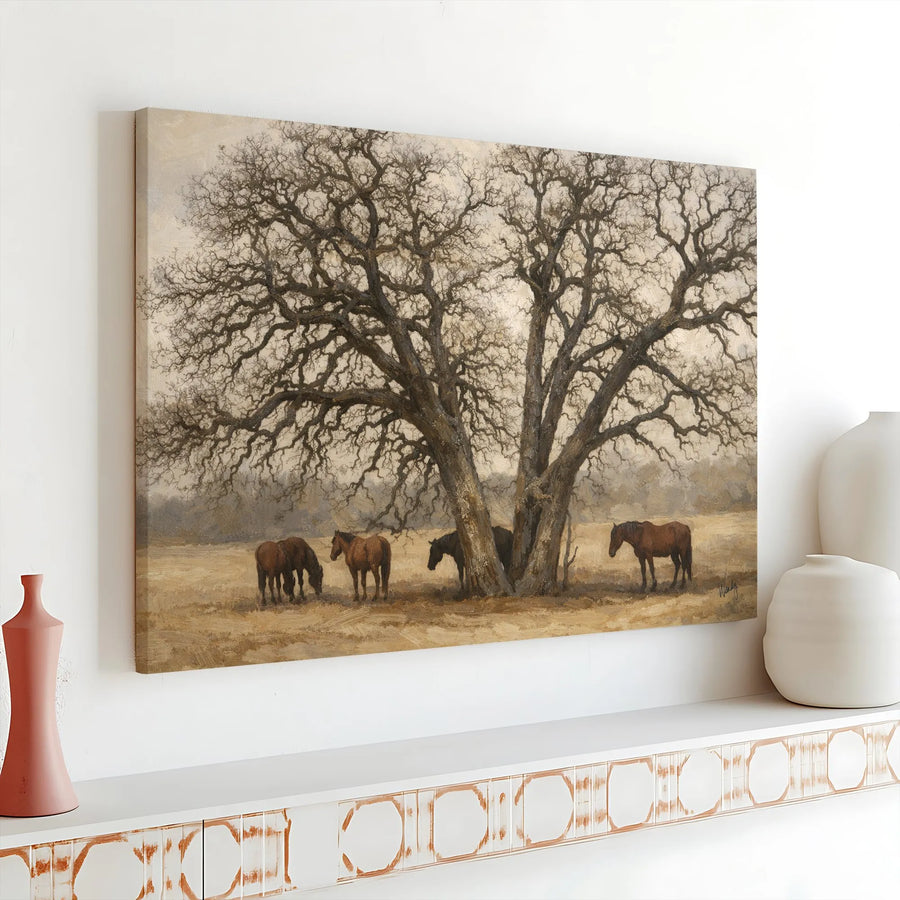 Rustic Horse & Oak Tree Canvas Print | Vintage Farmhouse Landscape Painting | Premium Canvas | Living Room & Bedroom Decor Gift