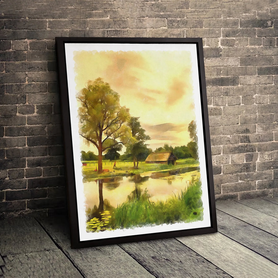 Countryside Landscape Canvas Wall Art | Rustic Barn and Pond Scene | 1.25 Inch Gallery Wrap | Premium Home Decor Gift