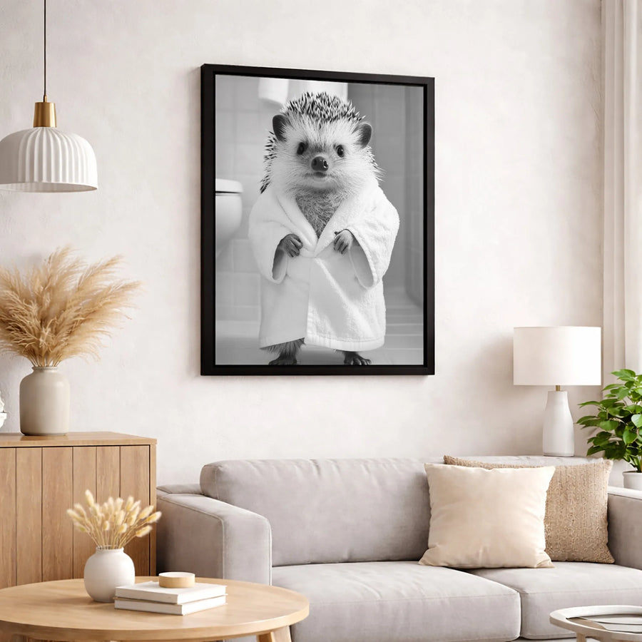 Hedgehog in Bathrobe Canvas Wall Art | Funny Black and White Animal Portrait | Premium 1.25-Inch Gallery Wrap | Cute Bathroom Decor for Home