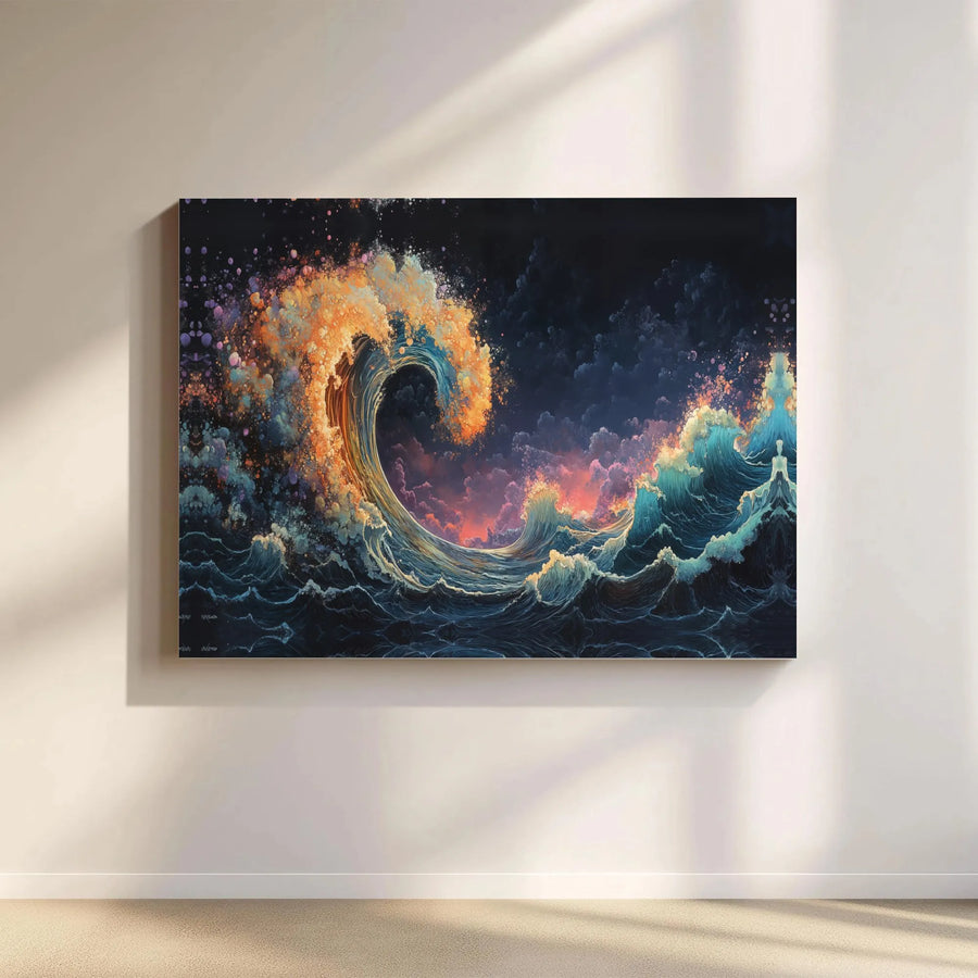 Cosmic Ocean Wave Canvas Print | Glowing Sunset Abstract Seascape Wall Art | Premium Gallery-Wrapped Gallery Quality | Modern Home Decor Gift