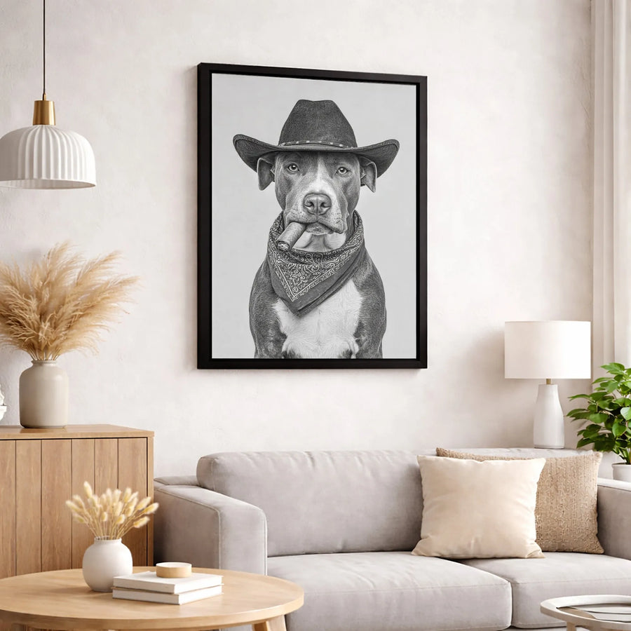 Pitbull Cowboy Wall Art | Western Dog Portrait with Cigar and Bandana | Gallery Quality Canvas Print | Rustic Home Decor Gift for Dog Lovers