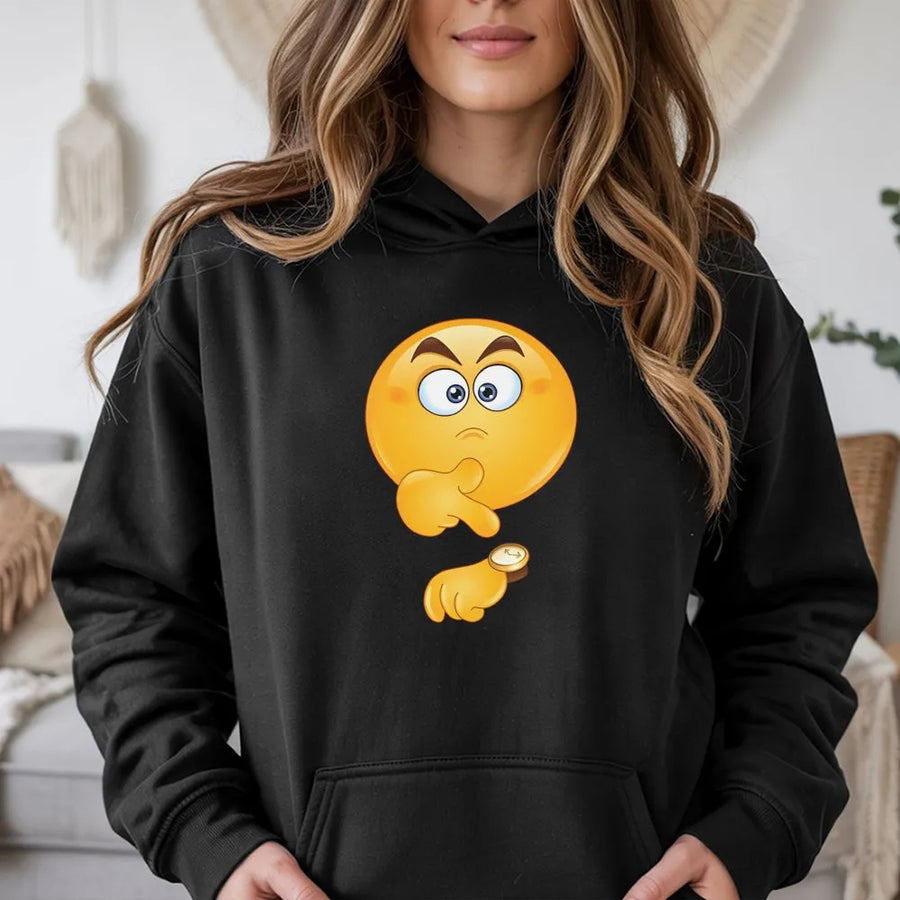 Thinking Smiley Face Hoodie | Funny Waiting Emoji Graphic | Soft Cotton-Blend Streetwear | Unisex Gift for Meme Lovers