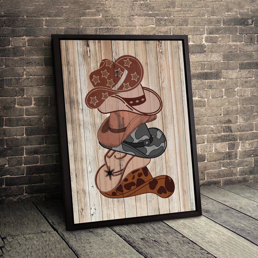 Western Cowboy Hat Stack Canvas Art | Rustic Wood Grain Wall Decor | Premium Fade-Resistant Print | Country Aesthetic Gift for Cowgirls