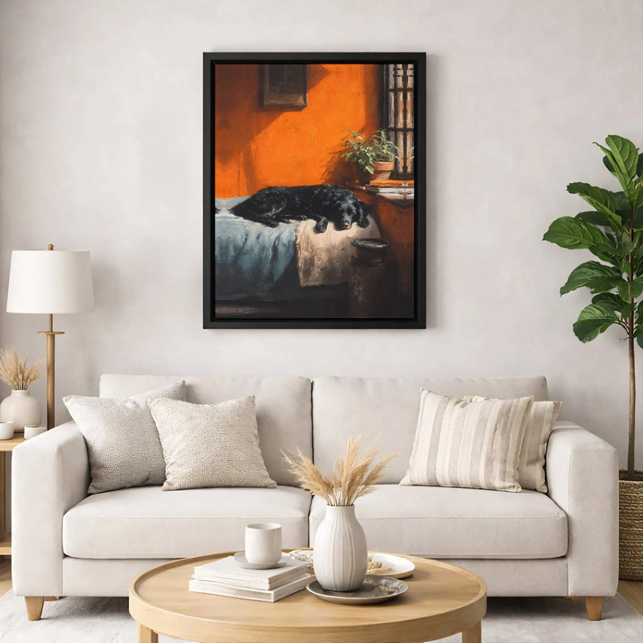 Black Dog Oil Painting Canvas | Resting Dog Sunlit Room Wall Art | Premium Gallery-Wrapped Print | Cozy Home Decor Gift for Dog Lovers
