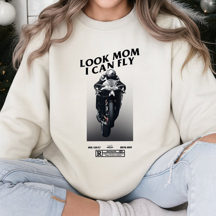 Look Mom I Can Fly Sweatshirt | Motorcycle Wheelie Graphic Print | Premium Cotton Blend | Gift For Biker Motorcyclist Sportbike Rider