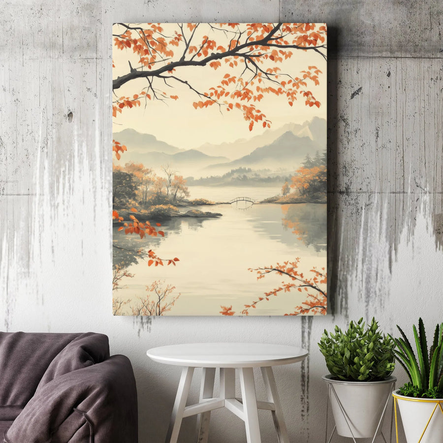 Japanese Autumn Landscape Canvas | Traditional Sumi-e Style Art | Premium Frameless Canvas | Living Room Wall Decor Gift