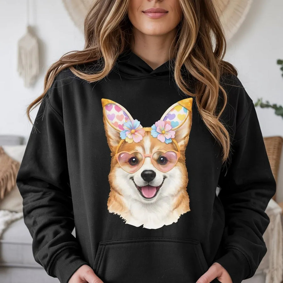 Cute Corgi Easter Hoodie | Dog with Bunny Ears & Heart Glasses | Soft Cotton Graphic Tee | Gift for Corgi Mom & Dog Lovers