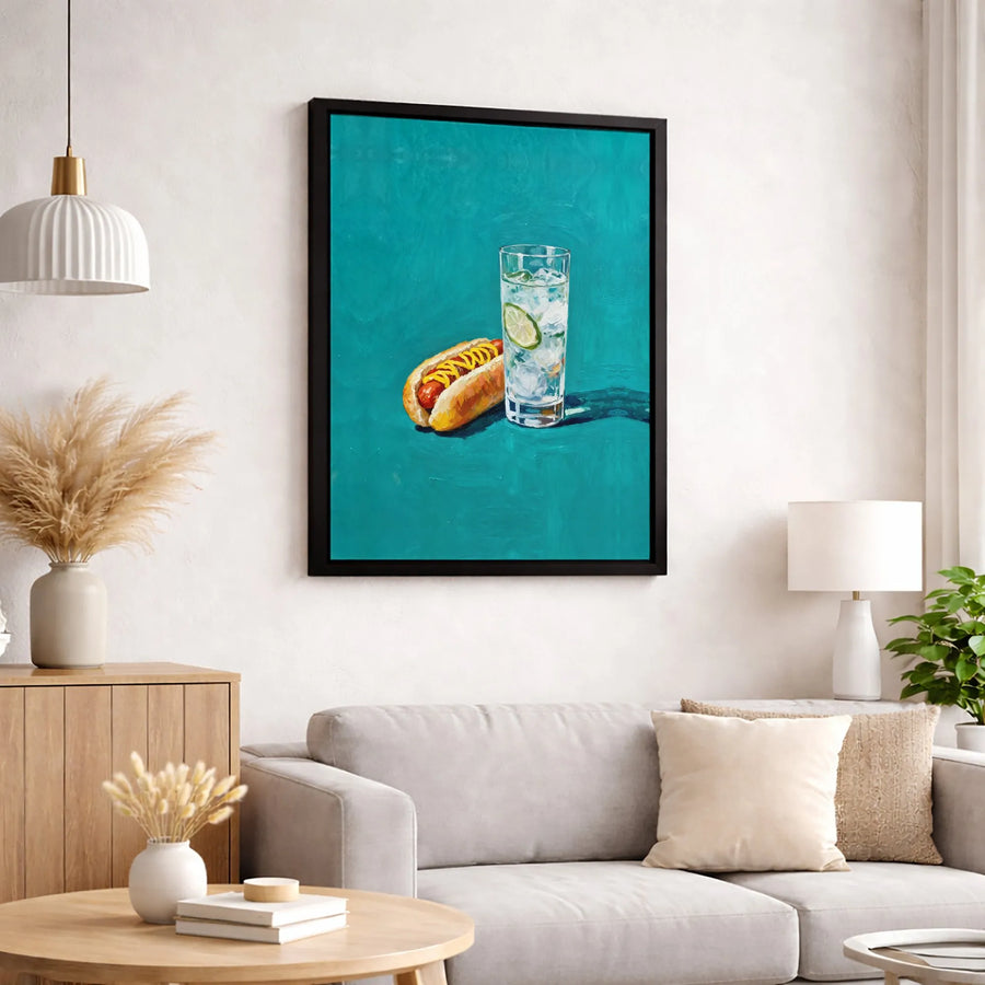 Hot Dog and Lime Water Still Life Canvas | Modern Food Pop Art | Premium Gallery-Wrapped Print | Kitchen & Dining Room Wall Decor
