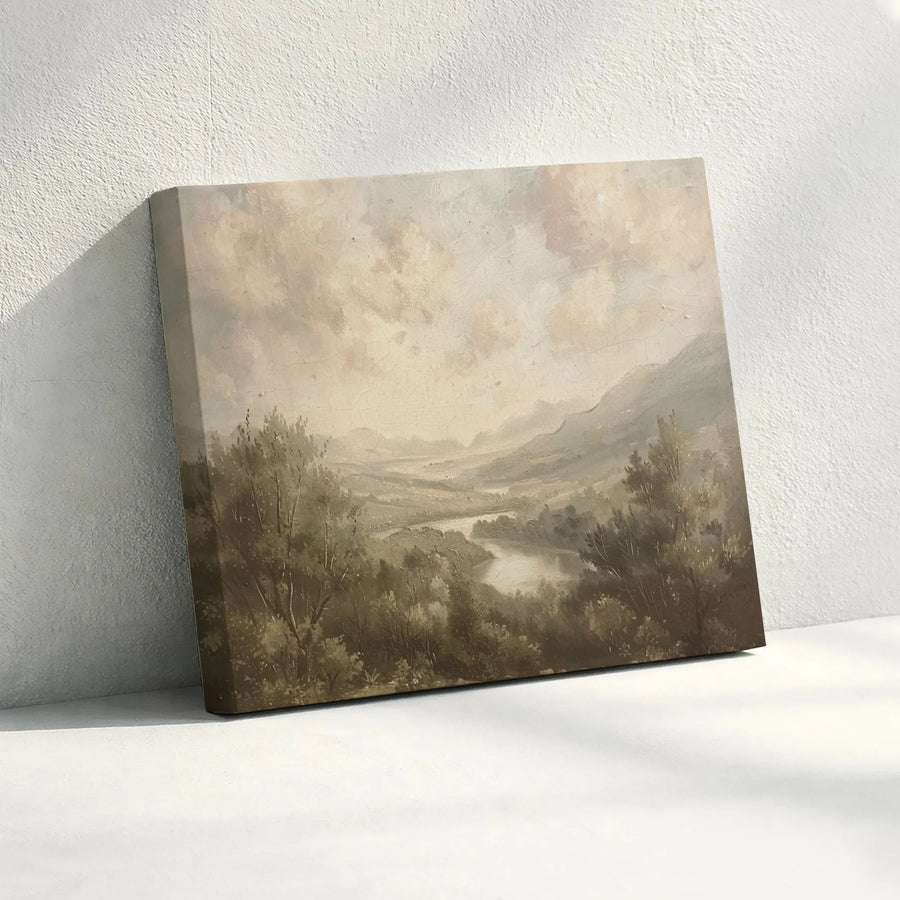 Vintage Landscape Canvas Art | Moody River Valley Scenery | Gallery Wrapped Canvas | Rustic Farmhouse Decor Gift