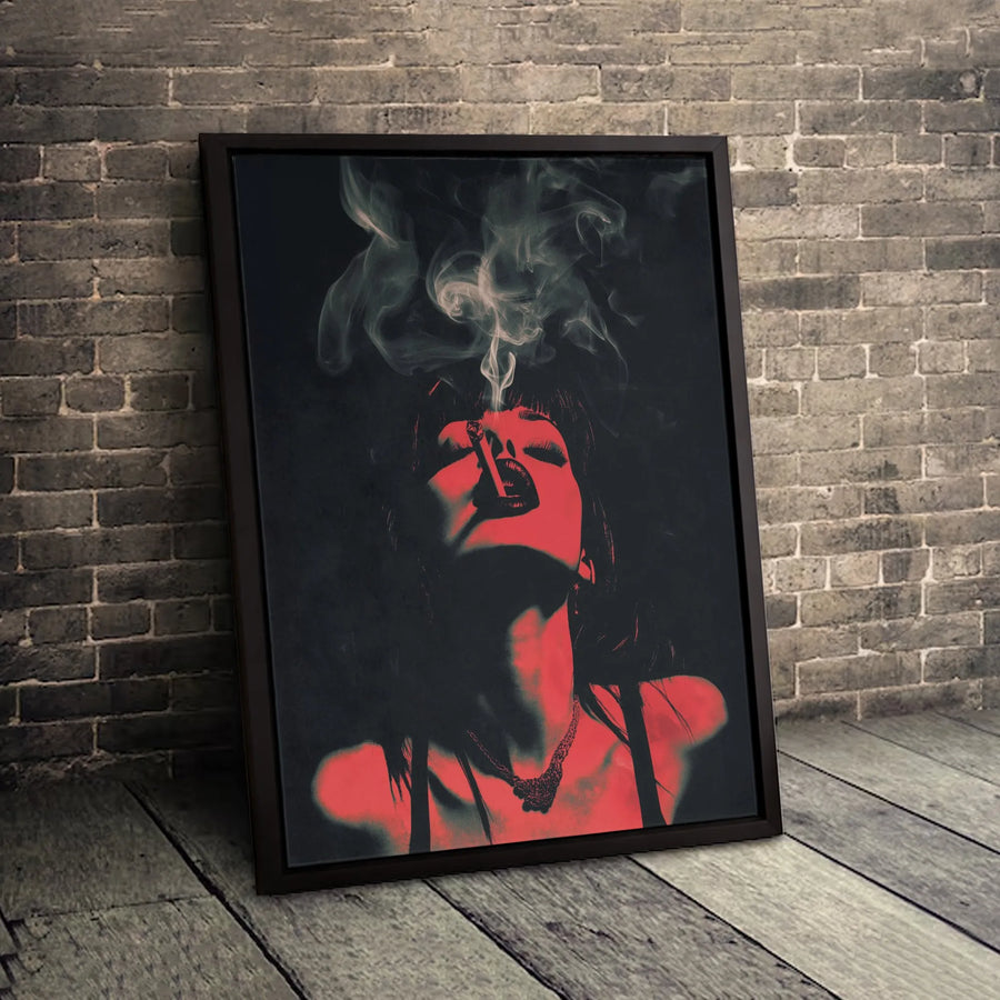 Woman Smoking Canvas Wall Art | Red and Black Noir Aesthetic | 1.25 Inch Premium Gallery Wrap | Edgy Home Decor Gift