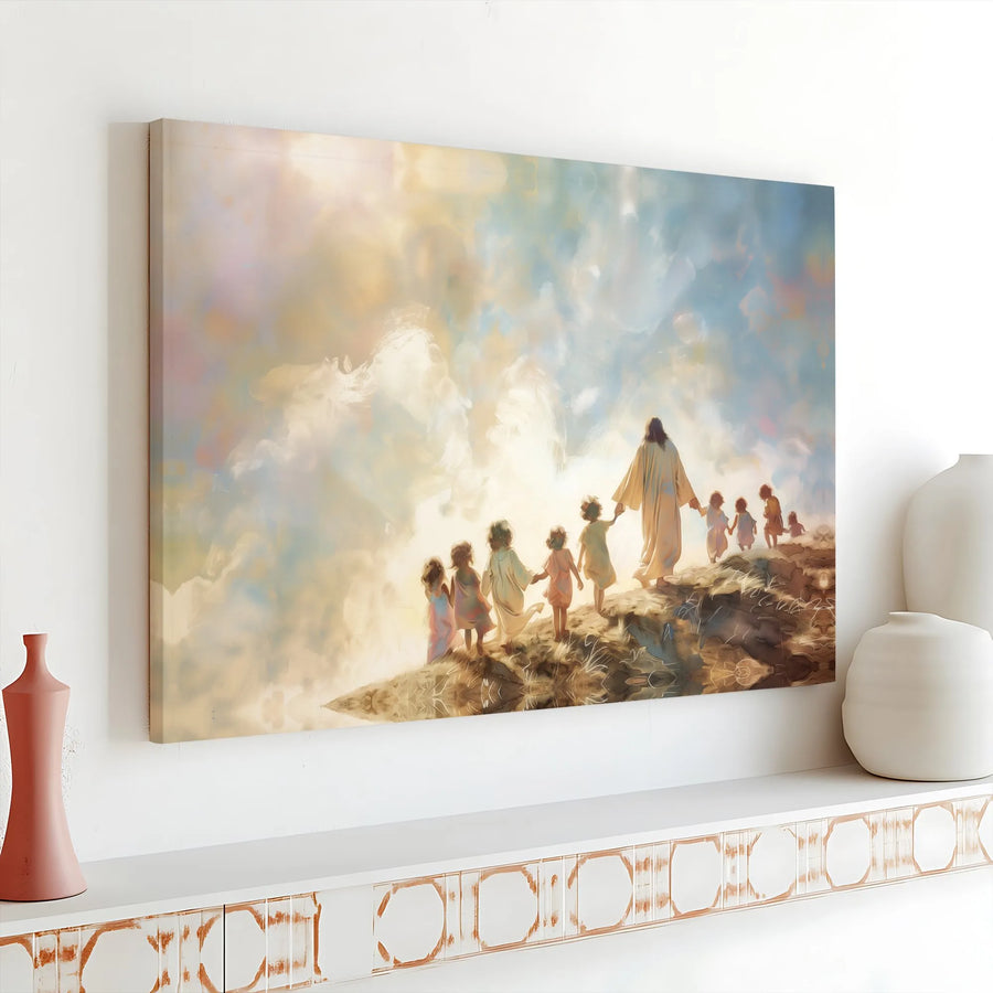 Jesus with Children Canvas Wall Art | He Walks With Us Watercolor Print | Premium Gallery Wrapped Canvas | Inspirational Christian Home Decor Gift