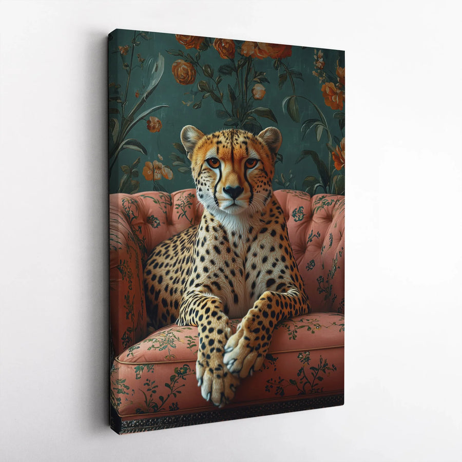 Cheetah Portrait Wall Art | Whimsical Animal on Floral Armchair | Gallery-Quality Canvas Print | Unique Maximalist Home Decor Gift