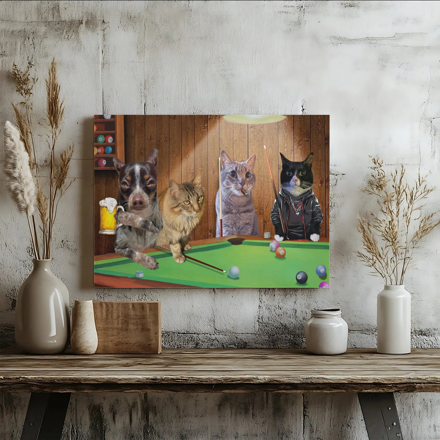 Dogs and Cats Playing Pool Canvas | Funny Billiards Room Art | Gallery Wrap Premium Print | Unique Gift for Animal Lovers