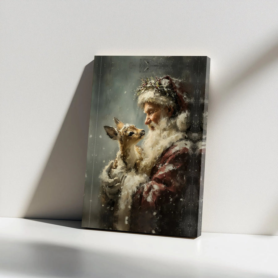 Santa Claus With Baby Deer Canvas Art | Rustic Christmas Wall Decor | Premium Gallery Wrap Print | Festive Holiday Home Gift