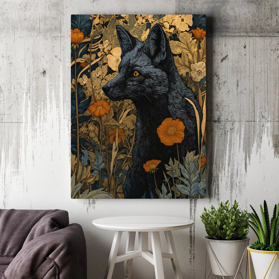 Black Fox Canvas Wall Art | Botanical Floral Forest Aesthetic | Premium 1.25 Inch Gallery Wrap | Wildlife Nature Home Decor Gift