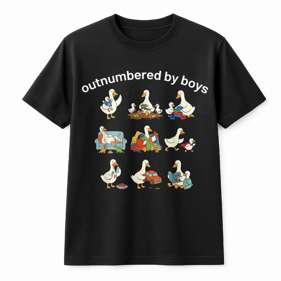 Funny Boy Mom T-Shirt | Outnumbered By Boys Goose Graphic | Cozy Cotton Blend | Mothers Day Gift for Boy Mama