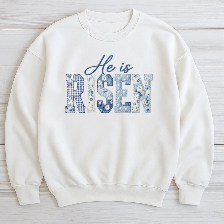 He Is Risen Sweatshirt | Blue Toile Patchwork Print Design | Soft Cotton Blend | Easter Gift for Christian Women