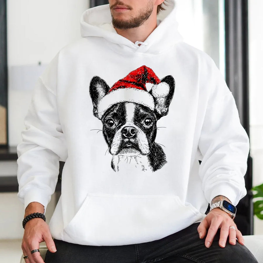 Boston Terrier Santa Hoodie | Cute Dog Christmas Graphic Design | Premium Cotton Blend | Holiday Gift for Dog Lovers & Pet Owners