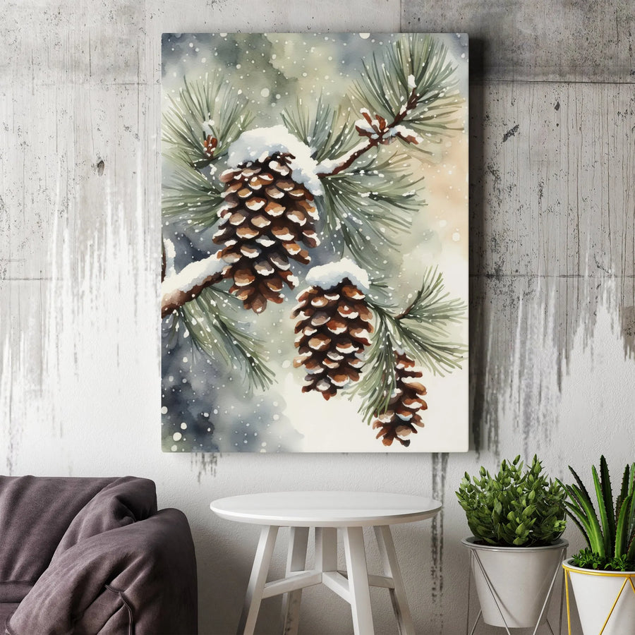 Snowy Pine Cones Canvas Wall Art | Watercolor Winter Botanical Decor | Premium Gallery Wrap | Cozy Holiday Home Gift