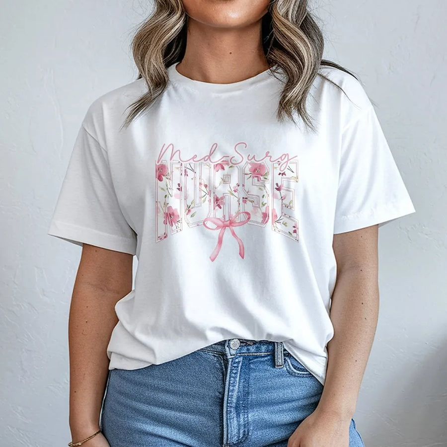 Med Surg Nurse T-Shirt | Aesthetic Floral Bow Graphic | Soft Cotton Tee | Nurse Graduation Gift for Medical Student