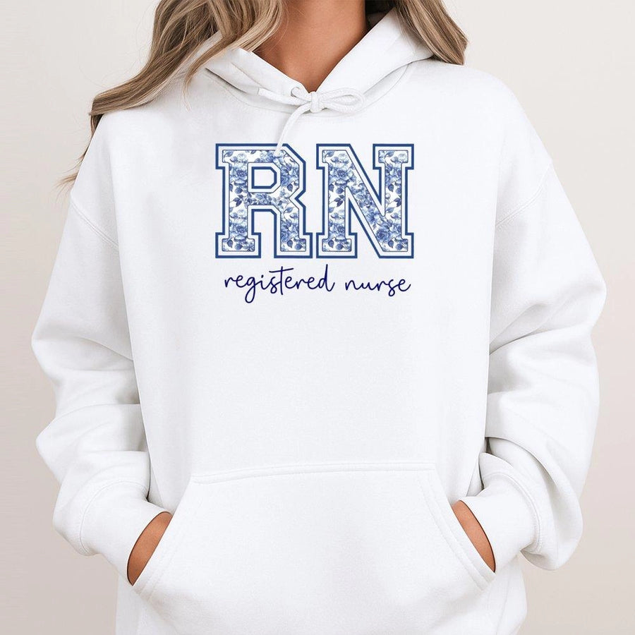 RN Hoodie | Floral Varsity Letter Registered Nurse Graphic | Premium Cotton Blend | Nursing School Graduation Gift for Her
