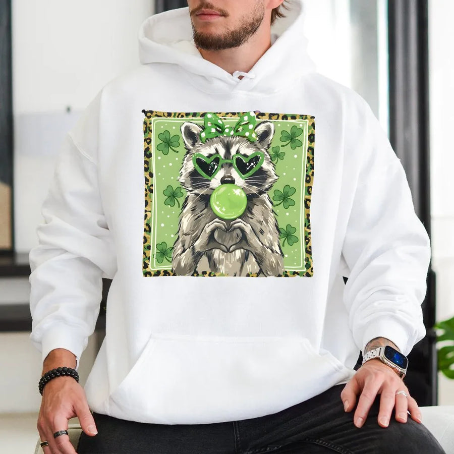 Lucky Raccoon St Patricks Day Hoodie | Cute Leopard Print Shamrock Graphic | Soft Premium Cotton Blend | Funny Irish Holiday Gift for Her