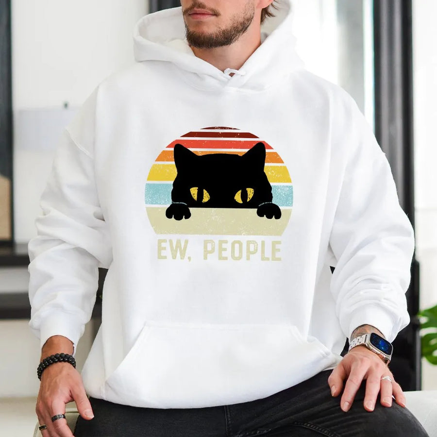 Ew People Cat Hoodie | Retro Sunset Anti Social Design | Premium Cotton Blend | Funny Introvert Gift For Cat Lovers