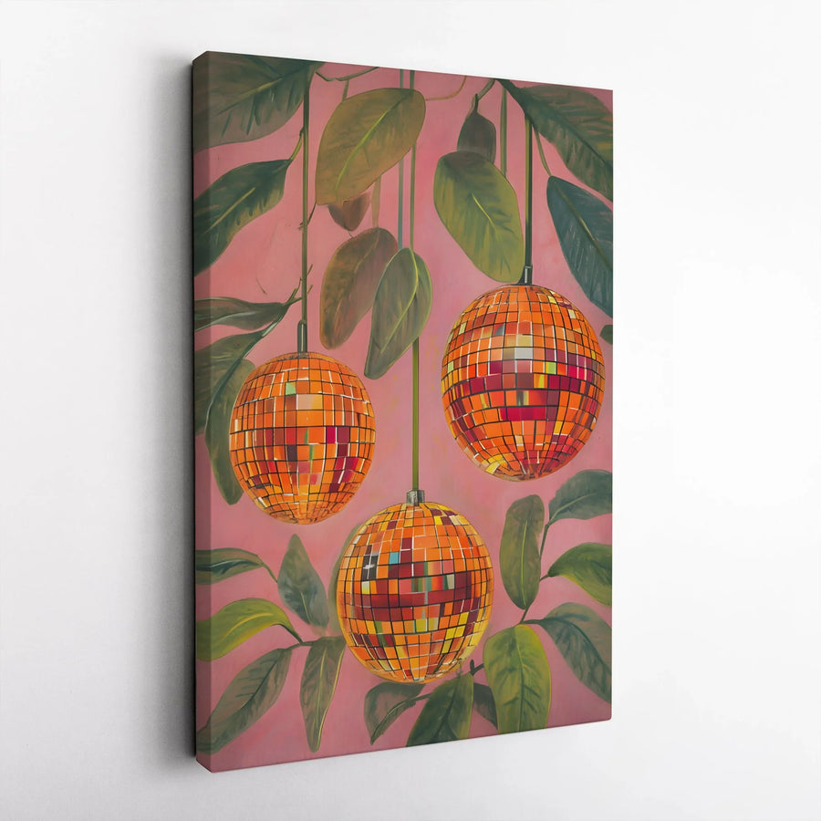 Retro Disco Ball Canvas Wall Art | Botanical Pink and Orange Aesthetic | Premium Gallery Wrap Print | Funky Disco Decor for Bedroom or Living Room