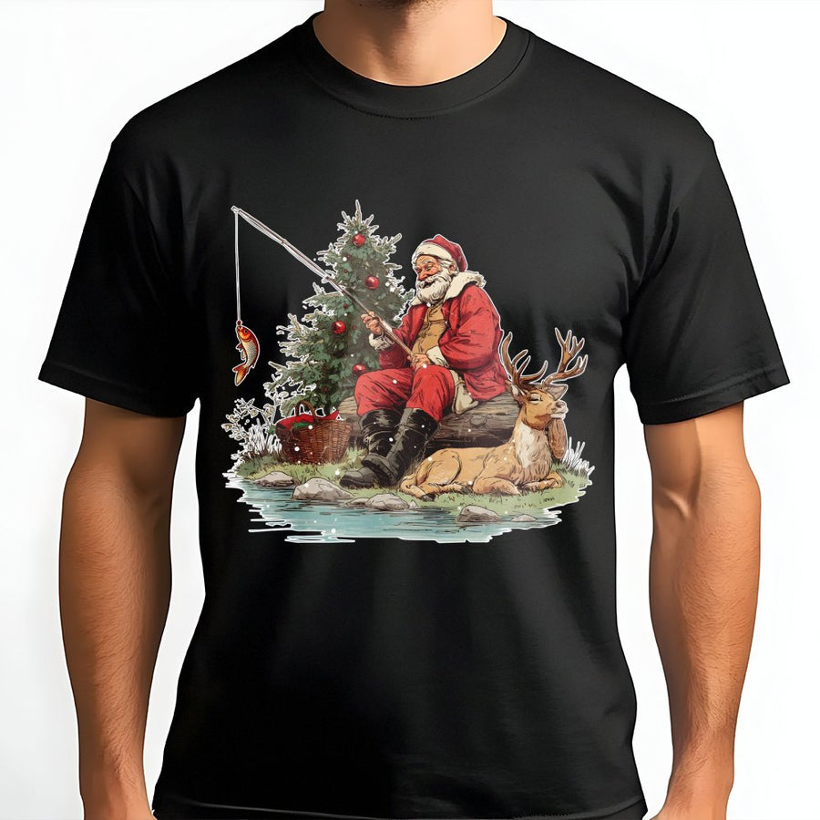 Fishing Santa Christmas T-Shirt | Vintage Outdoorsy Holiday Graphic | Premium Soft Cotton Tee | Funny Fisherman Gift for Him and Her