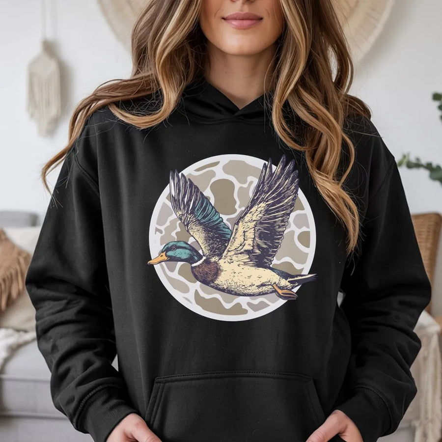 Mallard Duck Hunting Hoodie | Retro Flying Mallard Graphic | Premium Cotton Blend | Gift for Waterfowl Hunters and Outdoorsmen