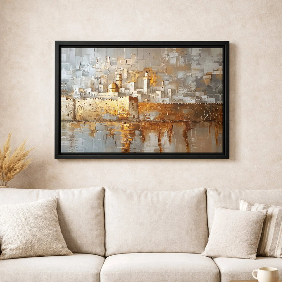 Jerusalem Old City Canvas Wall Art | Abstract Dome Of The Rock Gold Texture | Premium Gallery-Wrapped Print | Modern Home Decor Gift